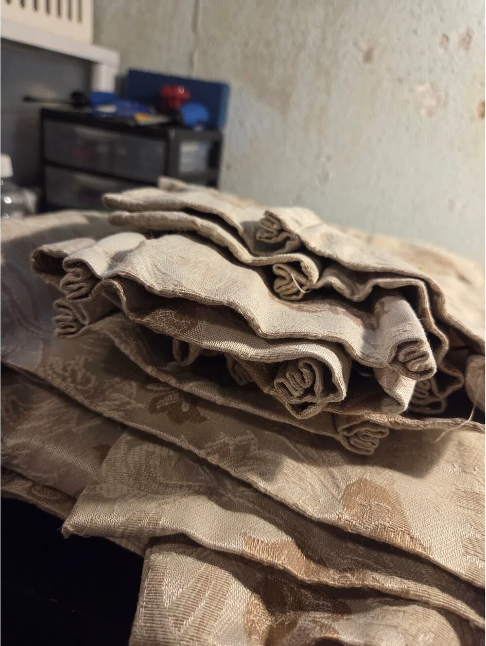 Vintage Permanent Press Floral Pinch Pleat Drapes Beige Tan Brocade Curtains 2PC